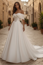 Chic Off-Shoulder A-Line Satin with Train Wedding Dress Bride Gown