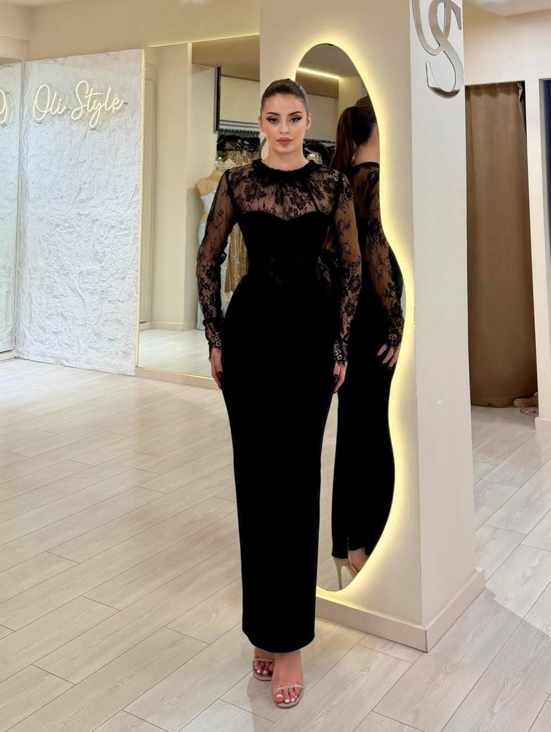 Black Lace Long Sleeve Mermaid Ankle-Length Evening Dress