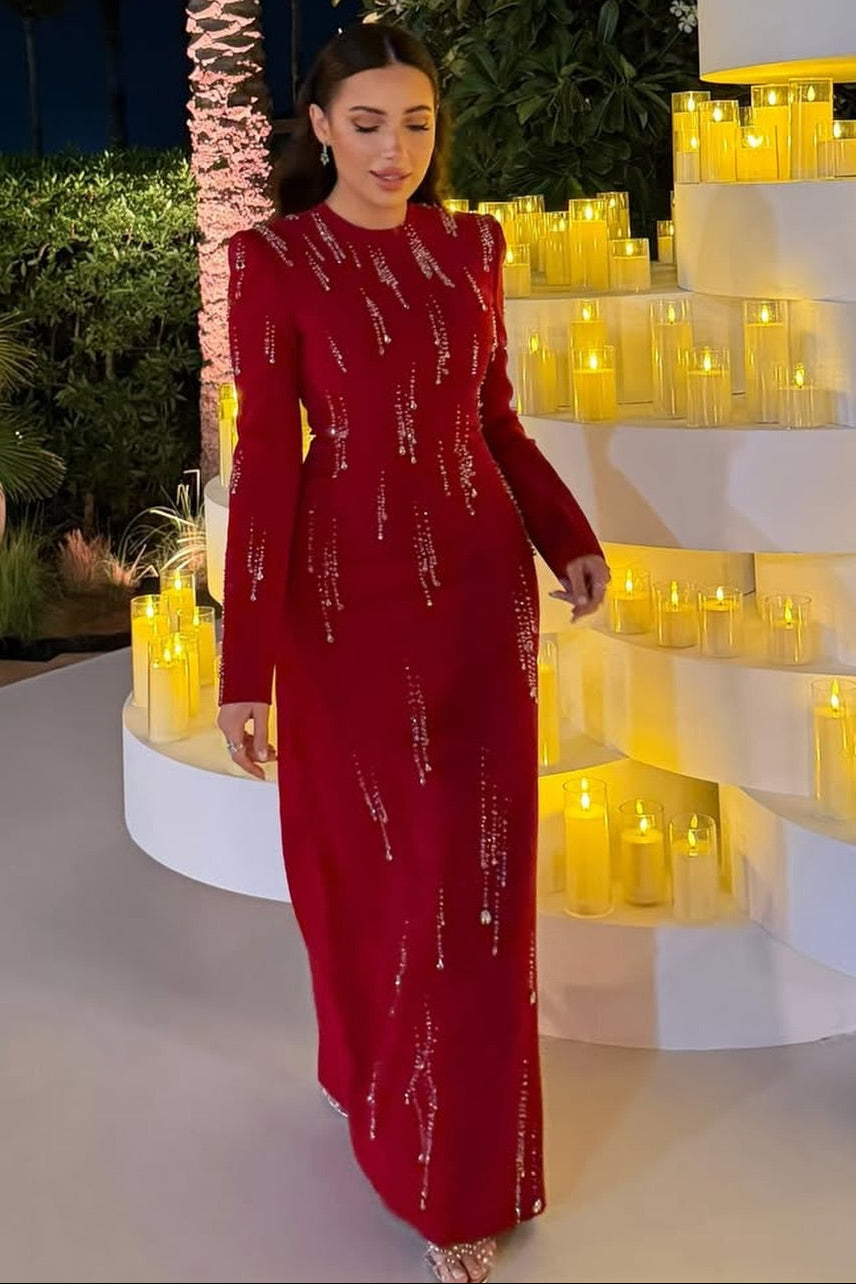 Red O-Neck Long Sleeve Sparkle Mermaid Formal Women Evening Dress