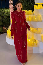 Red O-Neck Long Sleeve Sparkle Mermaid Formal Women Evening Dress
