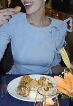 Sky Blue Floor-Length Mermaid Scoop Evening Gowns with Bowknot