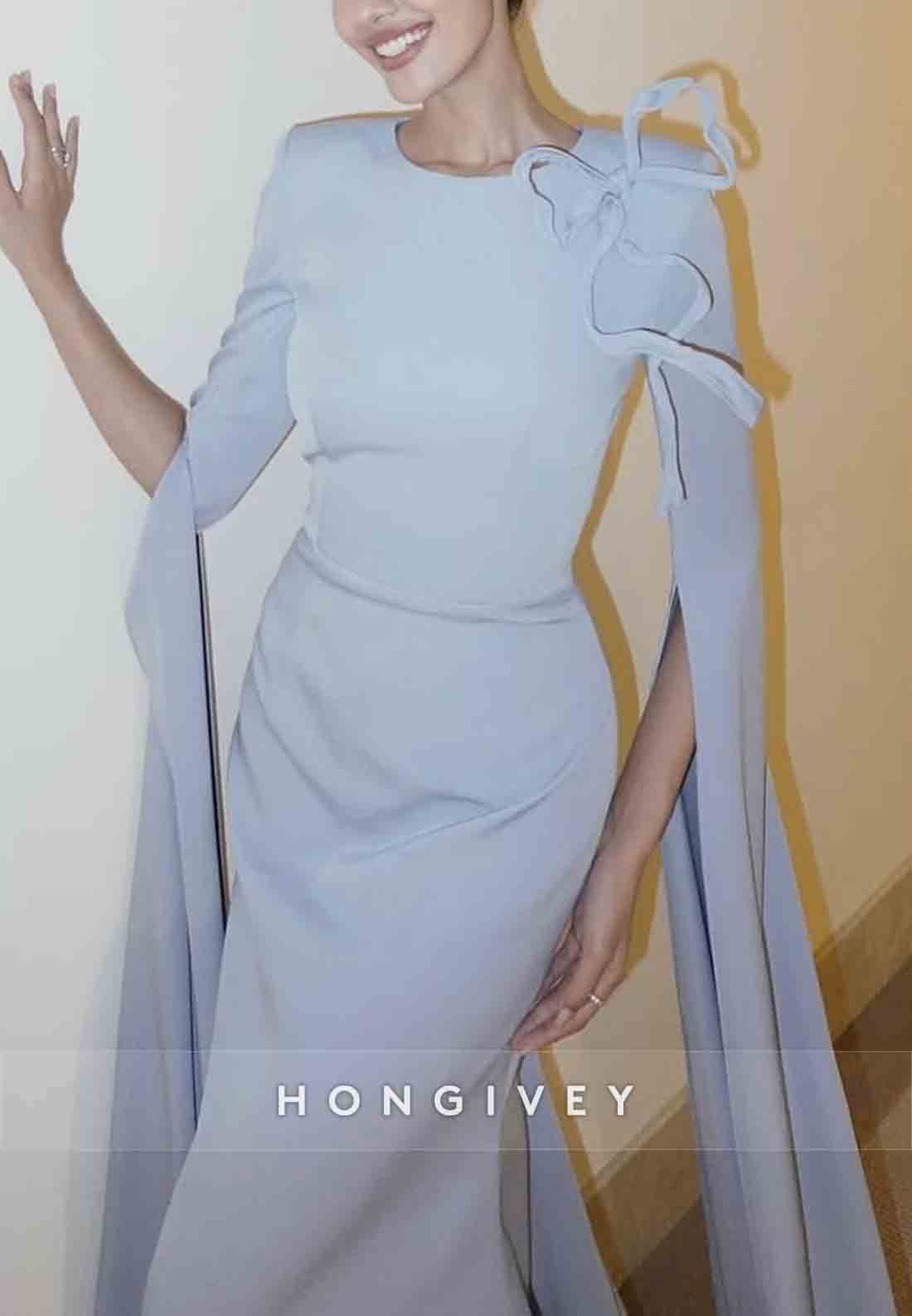 Sky Blue Floor-Length Mermaid Scoop Evening Gowns with Bowknot