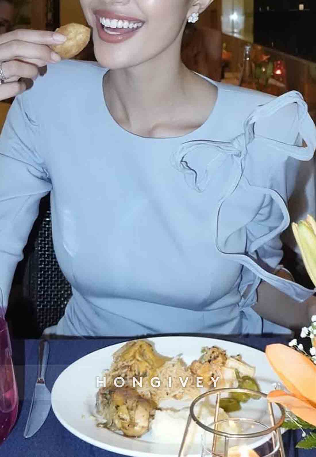 Sky Blue Floor-Length Mermaid Scoop Evening Gowns with Bowknot