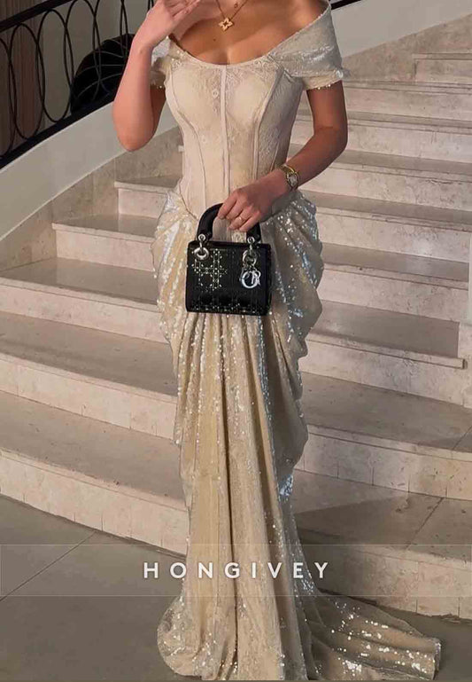 Off the Shoulder Pleated Sheath Floor-Length Crisscross Back Ruched Evening Gowns