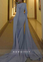 Sky Blue Floor-Length Mermaid Scoop Evening Gowns with Bowknot