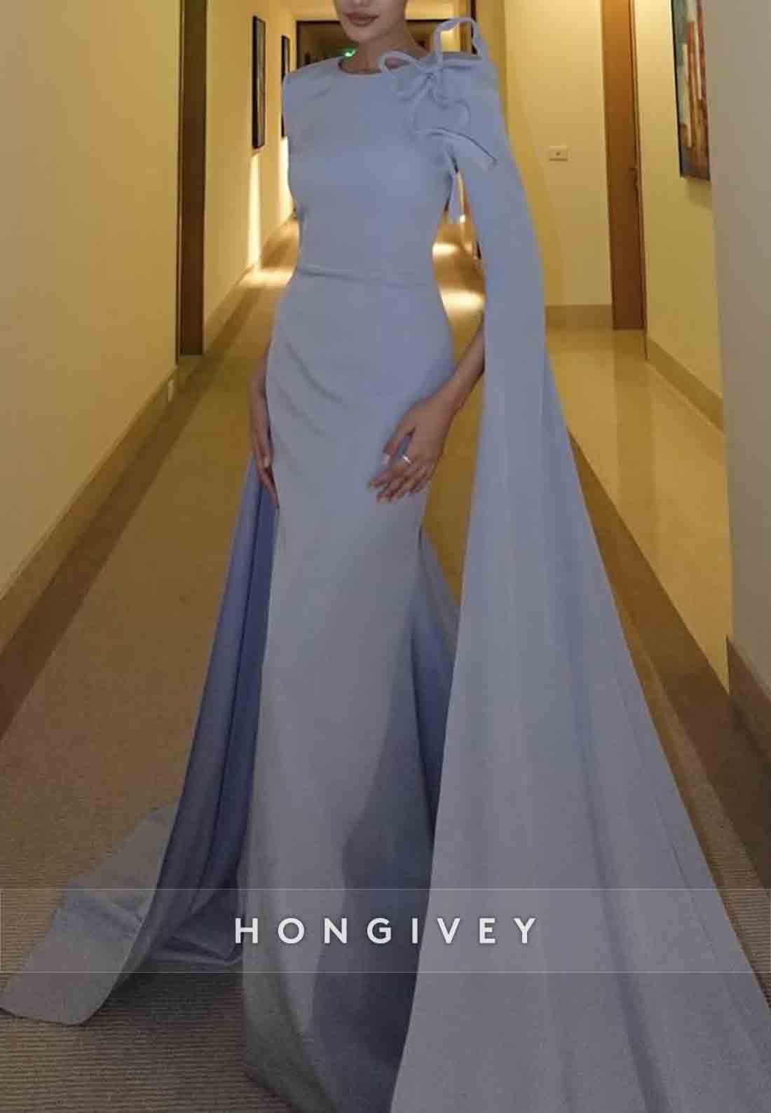 Sky Blue Floor-Length Mermaid Scoop Evening Gowns with Bowknot