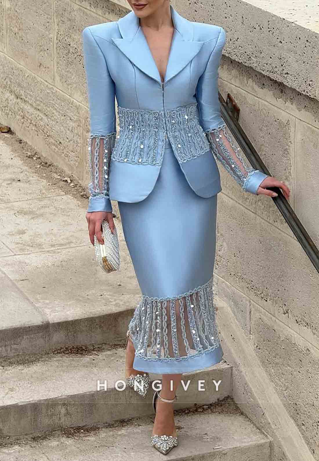 V-Neck Long Sleeves Sky Blue Split Evening Gowns Tea-Length Formal Dresses