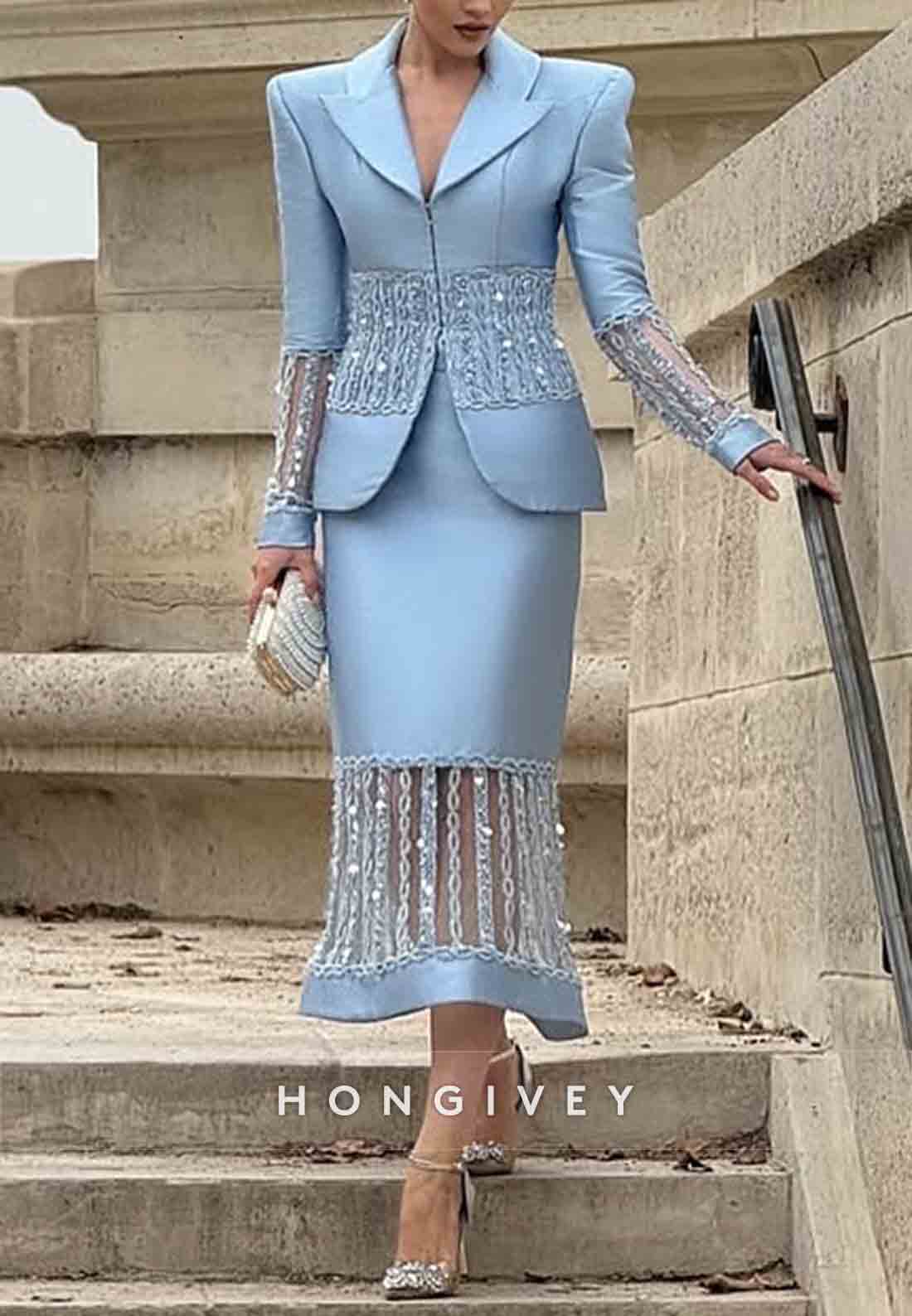 V-Neck Long Sleeves Sky Blue Split Evening Gowns Tea-Length Formal Dresses