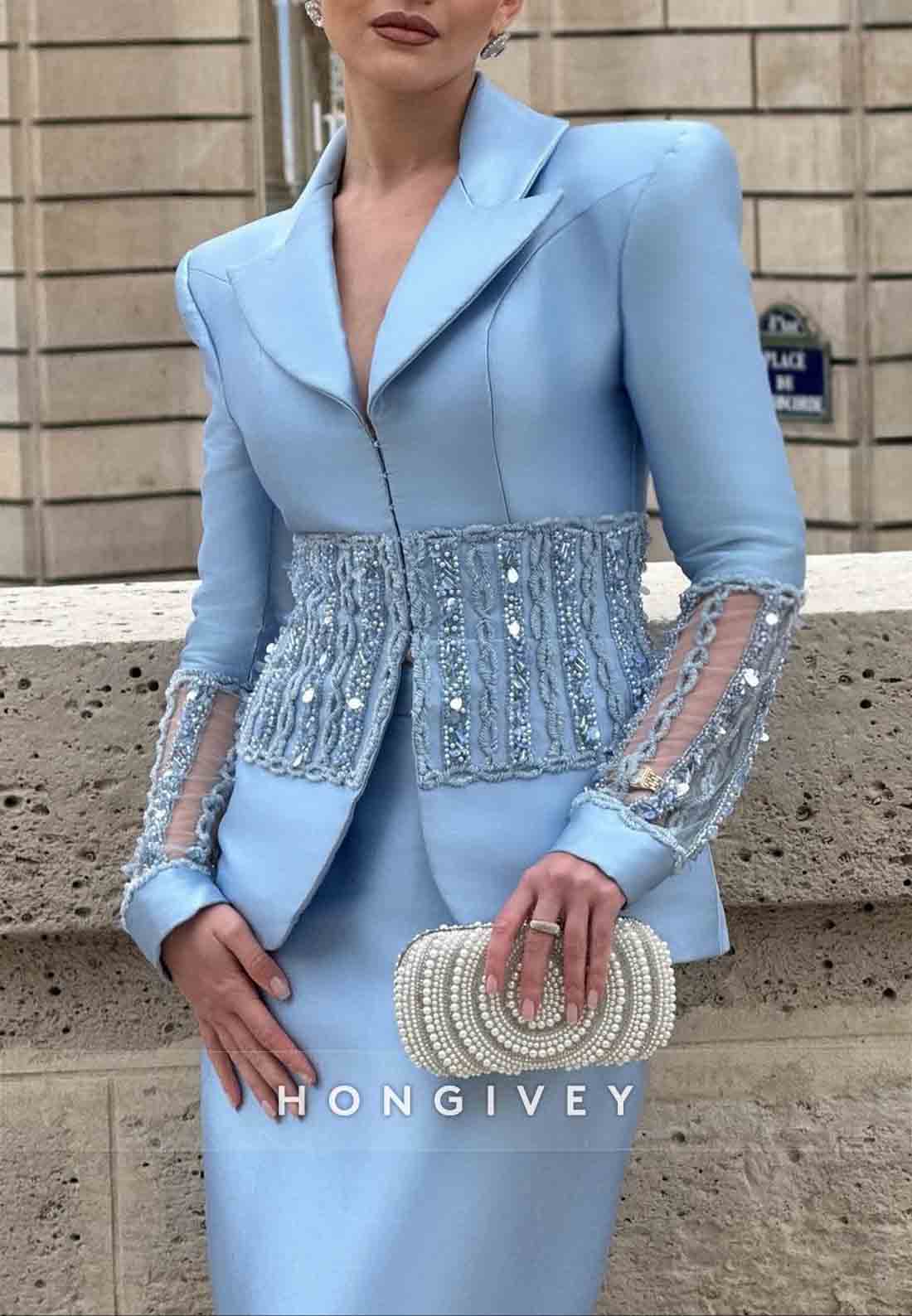 V-Neck Long Sleeves Sky Blue Split Evening Gowns Tea-Length Formal Dresses