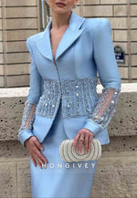 V-Neck Long Sleeves Sky Blue Split Evening Gowns Tea-Length Formal Dresses