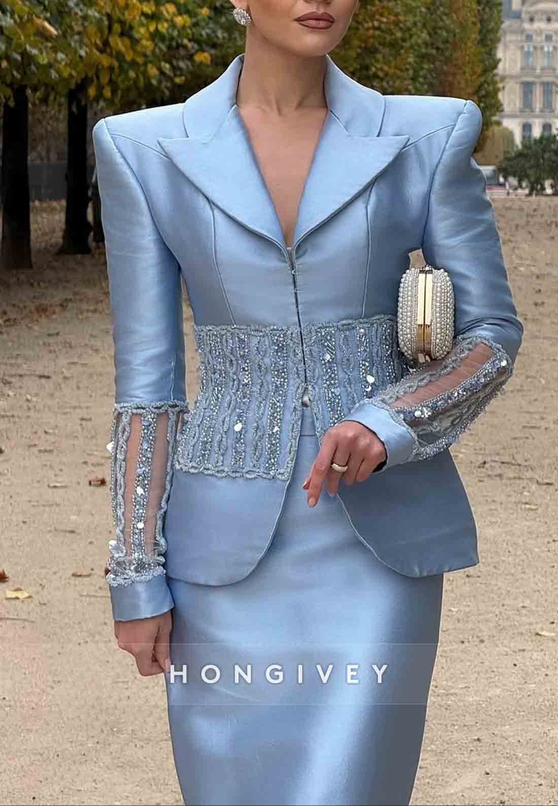 V-Neck Long Sleeves Sky Blue Split Evening Gowns Tea-Length Formal Dresses