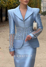 V-Neck Long Sleeves Sky Blue Split Evening Gowns Tea-Length Formal Dresses