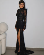 Sexy Black High Neck Sparkle Long Sleeve Mermaid Side Slit Evening Dress