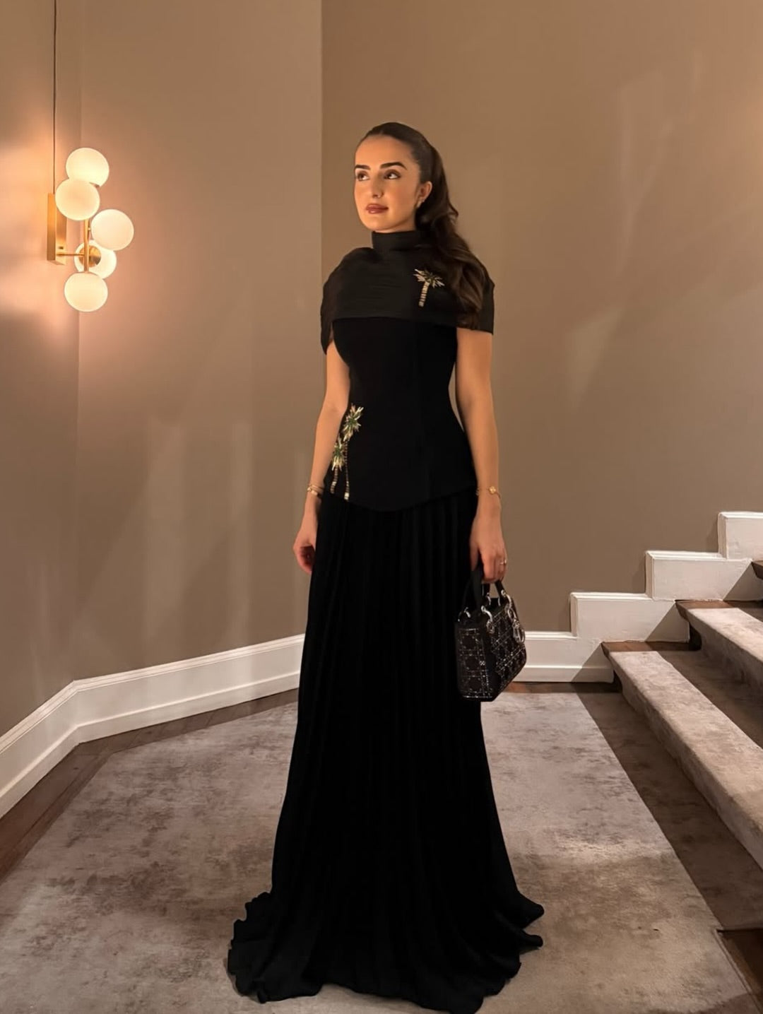 Elegant Black High Neck Half Sleeve Mermaid Sequins Appliques Evening Dress