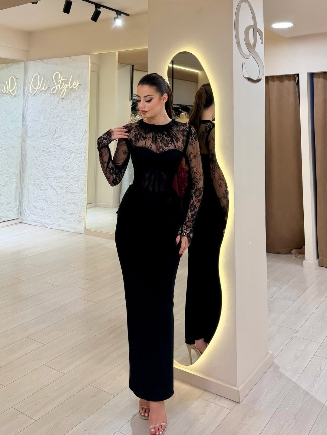Black Lace Long Sleeve Mermaid Ankle-Length Evening Dress