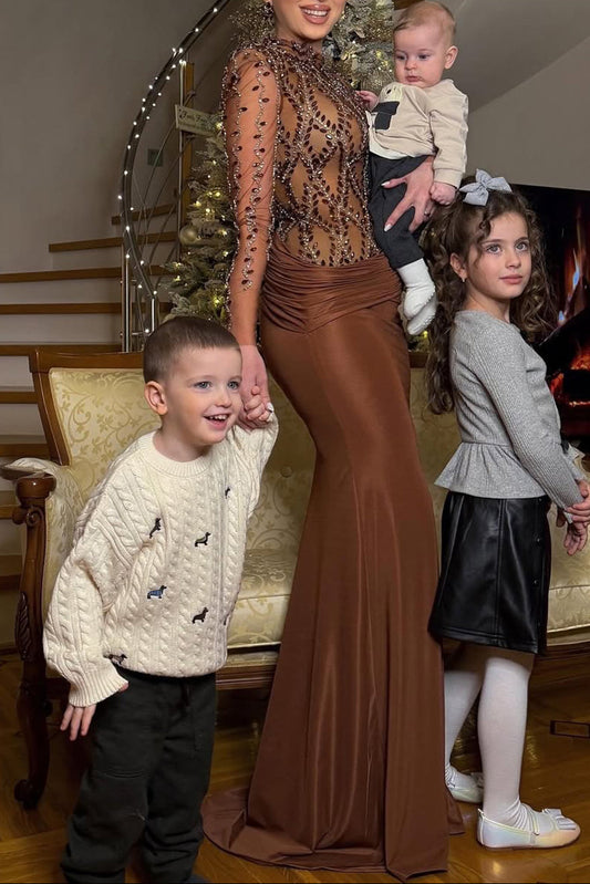 Beaded High Neck Lace Long Sleeve Mermaid Evening Dress