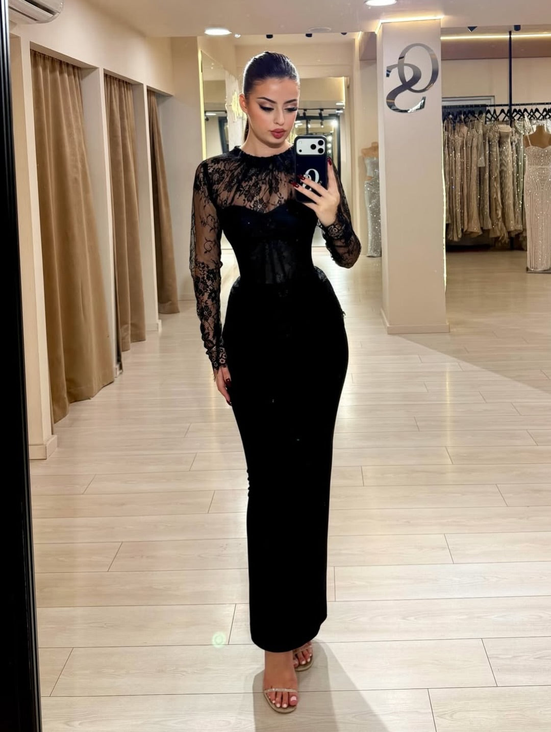 Black Lace Long Sleeve Mermaid Ankle-Length Evening Dress