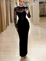 Black Lace Long Sleeve Mermaid Ankle-Length Evening Dress