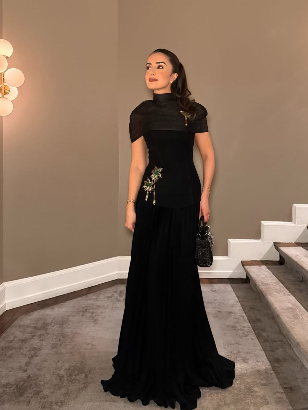 Elegant Black High Neck Half Sleeve Mermaid Sequins Appliques Evening Dress