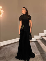 Elegant Black High Neck Half Sleeve Mermaid Sequins Appliques Evening Dress
