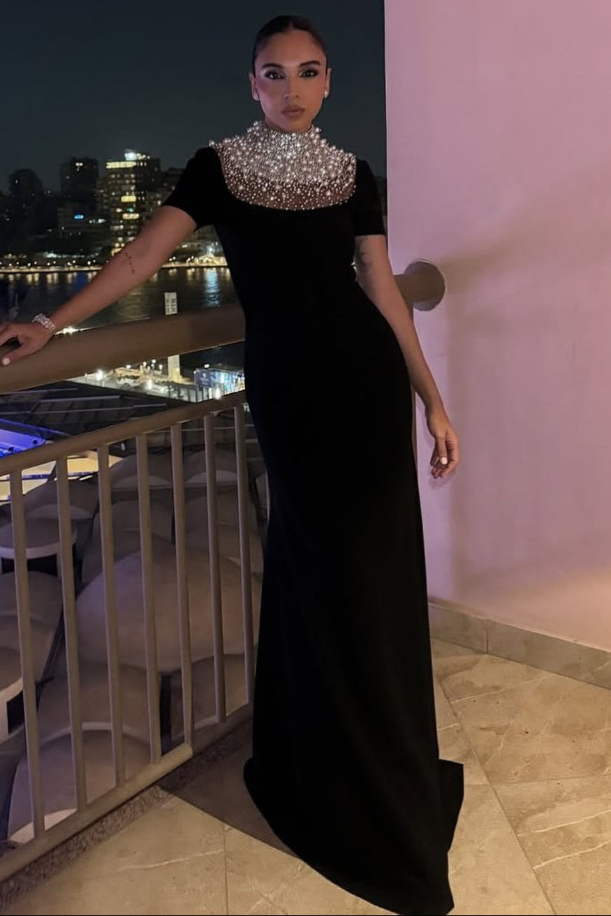 Elegant Black Half Sleeve Beaded Sparkle Mermaid Formal Evening Dress