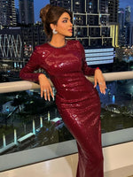 Burgundy Beaded Sequins Sparkle Long Sleeve Mermaid Evening Dress