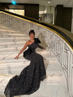 Luxury One Shoulder Long Sleeve Bow Sequins Sparkle Mermaid Evening Dress