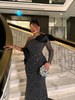 Luxury One Shoulder Long Sleeve Bow Sequins Sparkle Mermaid Evening Dress