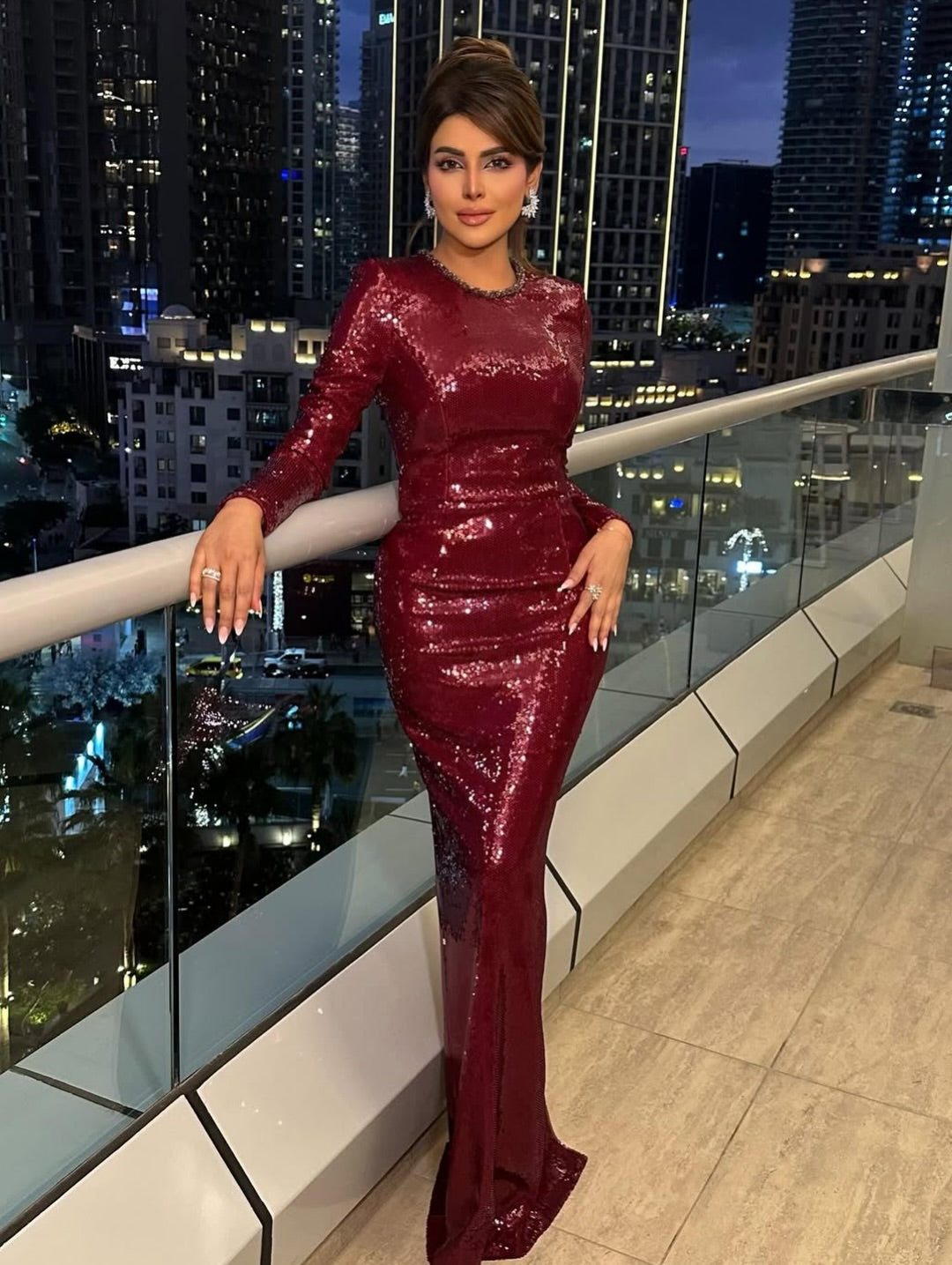 Burgundy Beaded Sequins Sparkle Long Sleeve Mermaid Evening Dress