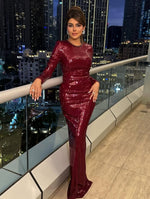 Burgundy Beaded Sequins Sparkle Long Sleeve Mermaid Evening Dress