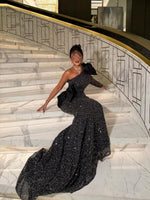 Luxury One Shoulder Long Sleeve Bow Sequins Sparkle Mermaid Evening Dress