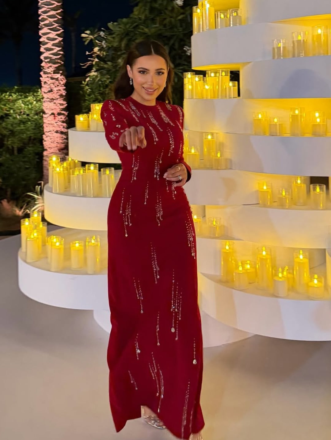 Red O-Neck Long Sleeve Sparkle Mermaid Formal Women Evening Dress
