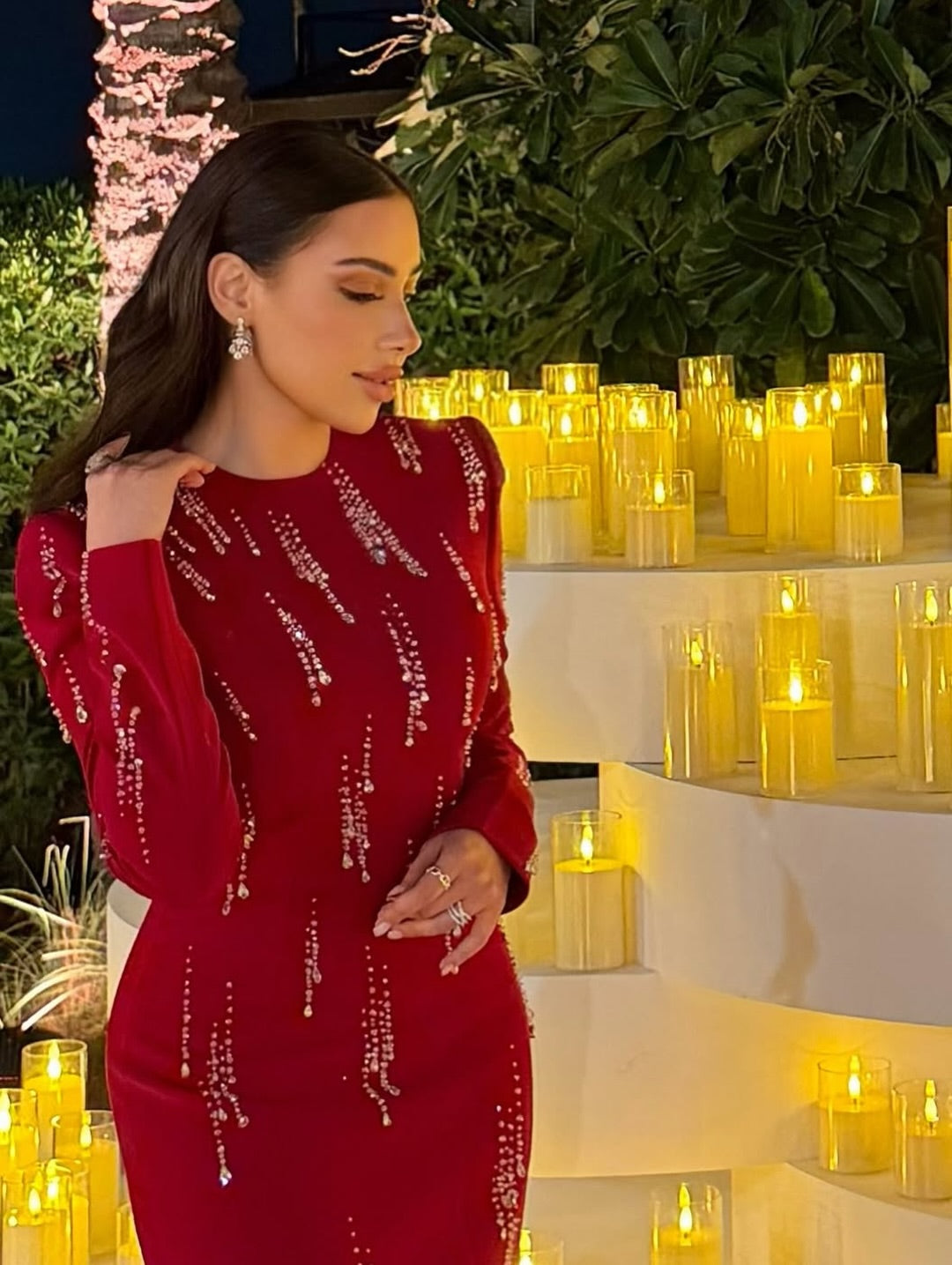 Red O-Neck Long Sleeve Sparkle Mermaid Formal Women Evening Dress
