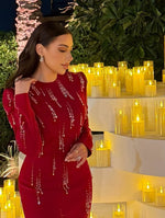 Red O-Neck Long Sleeve Sparkle Mermaid Formal Women Evening Dress