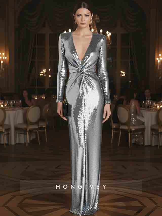 Sequined V Neck Mermaid Evening Gown Glittering