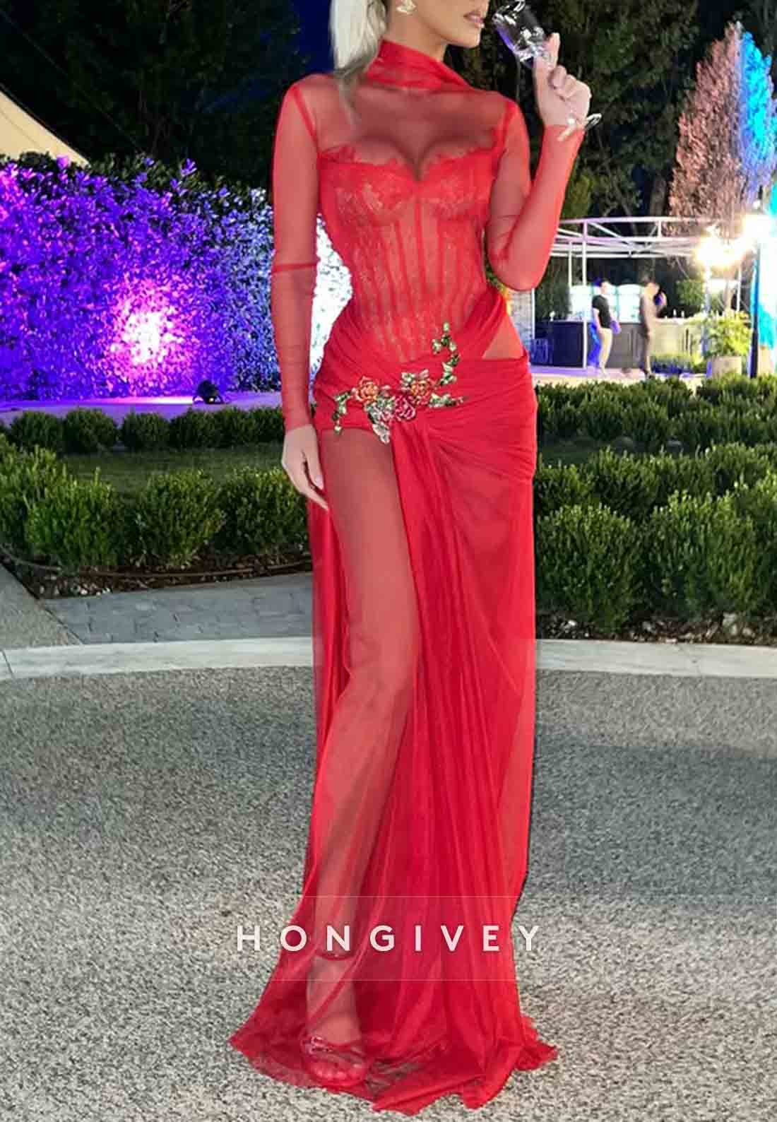 Sexy High Neck Column Red Illusion Neck Long Sleeves Prom Dresses
