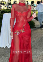 Sexy High Neck Column Red Illusion Neck Long Sleeves Prom Dresses