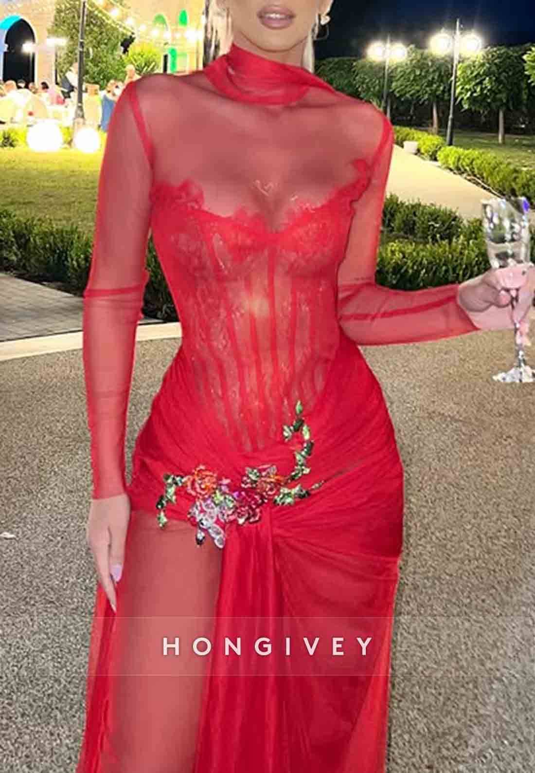 Sexy High Neck Column Red Illusion Neck Long Sleeves Prom Dresses
