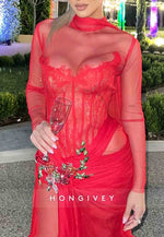 Sexy High Neck Column Red Illusion Neck Long Sleeves Prom Dresses