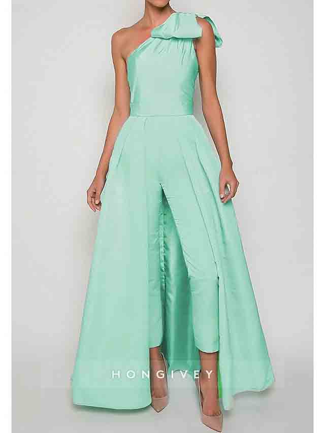 One Shoulder Bow Jumpsuit Detachable Evening Dress