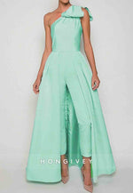 Sleeveless Jumpsuits Evening Gown Formal Wedding Guest One Shoulder Convertible Stretch Fabric with Bow(s) Pleats Overs
