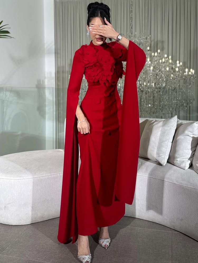 Red Flowers Long Cape Sleeve Mermaid Ankle-Length Evening Dress