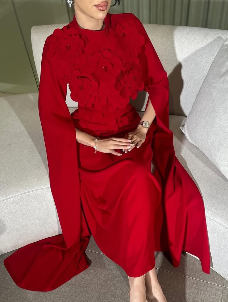 Red Flowers Long Cape Sleeve Mermaid Ankle-Length Evening Dress