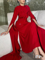 Red Flowers Long Cape Sleeve Mermaid Ankle-Length Evening Dress