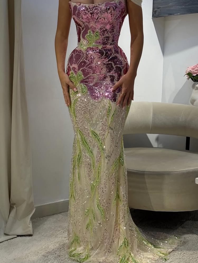 Exquisite Strapless Sleeveless Sequins Sparkle Flowers Mermaid Prom Dress