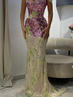 Exquisite Strapless Sleeveless Sequins Sparkle Flowers Mermaid Prom Dress