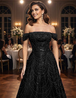 A-Line Floor-Length Off the Shoulder Glitter Evening Gowns with Beading