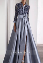 Pleated Long Sleeve Satin Waistband Flower Illusion Neck Beading Evening Gown