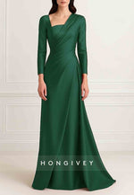 A-Line Evening Gown Formal Wedding Floor Length Long Sleeve Stretch Satin with Pleats Ruched