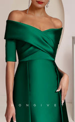 HM212 - Satin A-Line Off-Shoulder With Train Mother of the Bride Dress